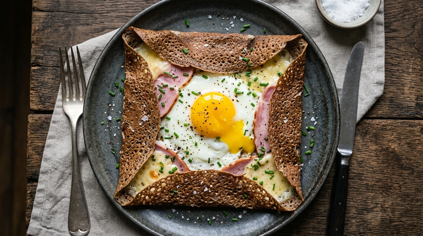 Galette de sarrasin complète, œuf coulant