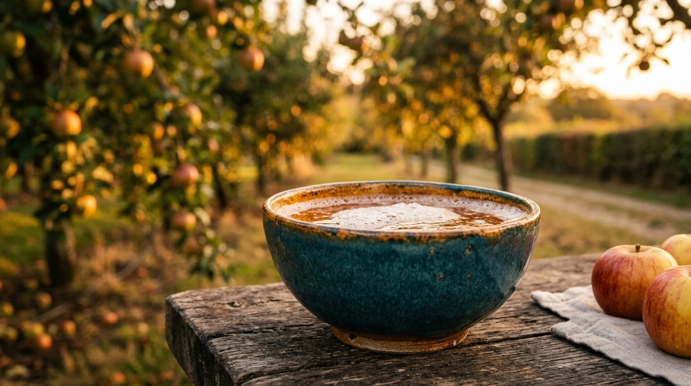 Bolée de cidre breton devant un verger