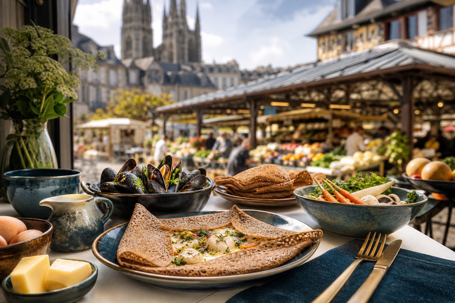 Préparation et ingrédients de quimper gourmand : crêperies, marché et halles saint-françoi, cuisine 