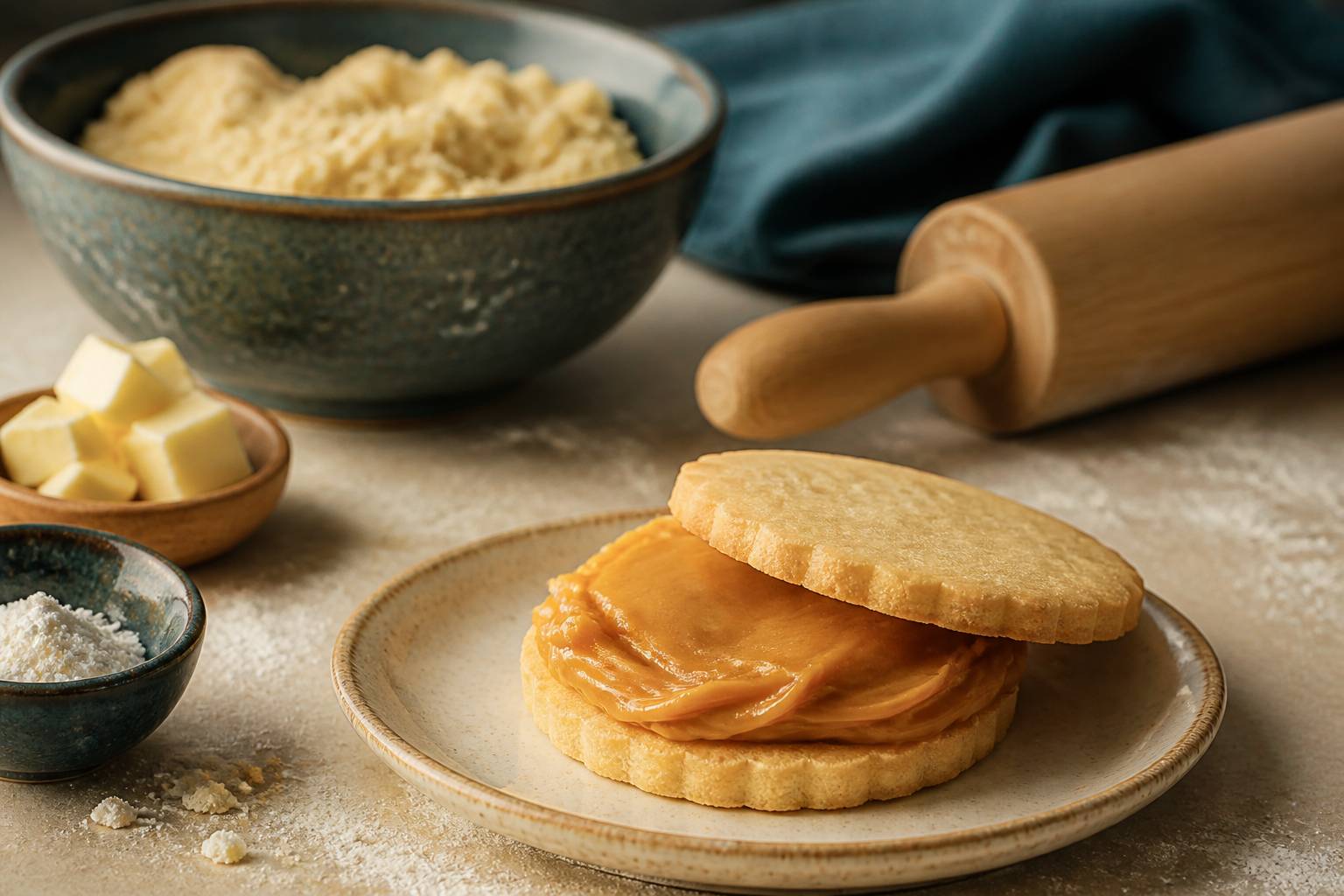 Alfajor ouvert montrant sa couche de dulce de leche crémeuse