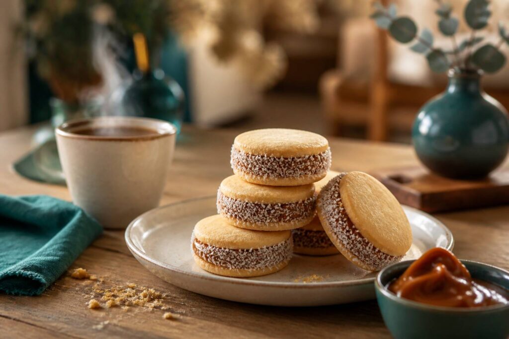 Alfajores dorés garnis de dulce de leche avec un café