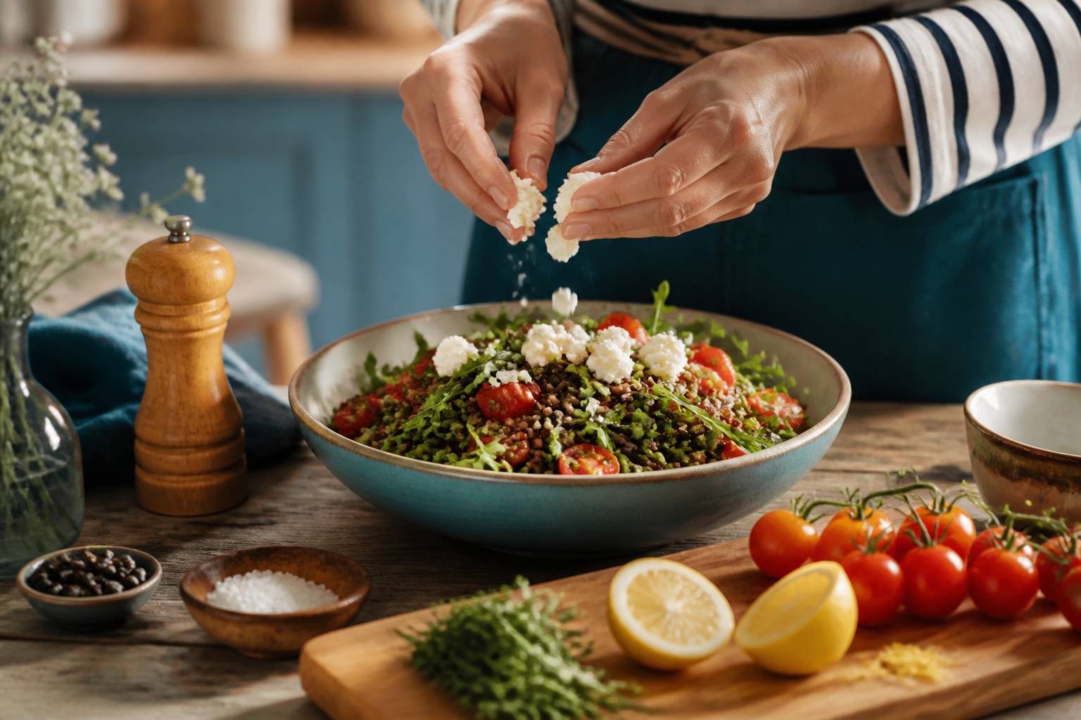 Mains émiettant de la feta au-dessus d'un saladier de lentilles