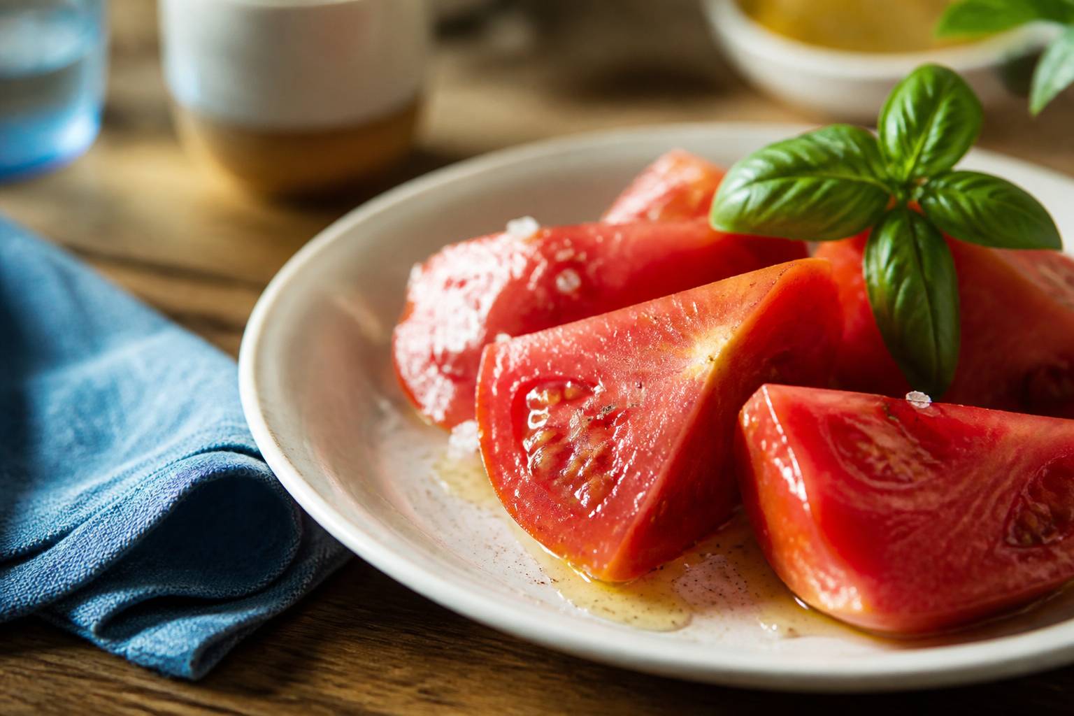 Tomate cœur-de-bœuf tranchée en quartiers épais avec huile d'olive, fleurs de sel et basilic