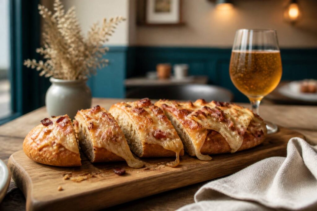 Baguette apéritive gratinée garnie de lardons, d'oignons et de fromage fondu sur une planche