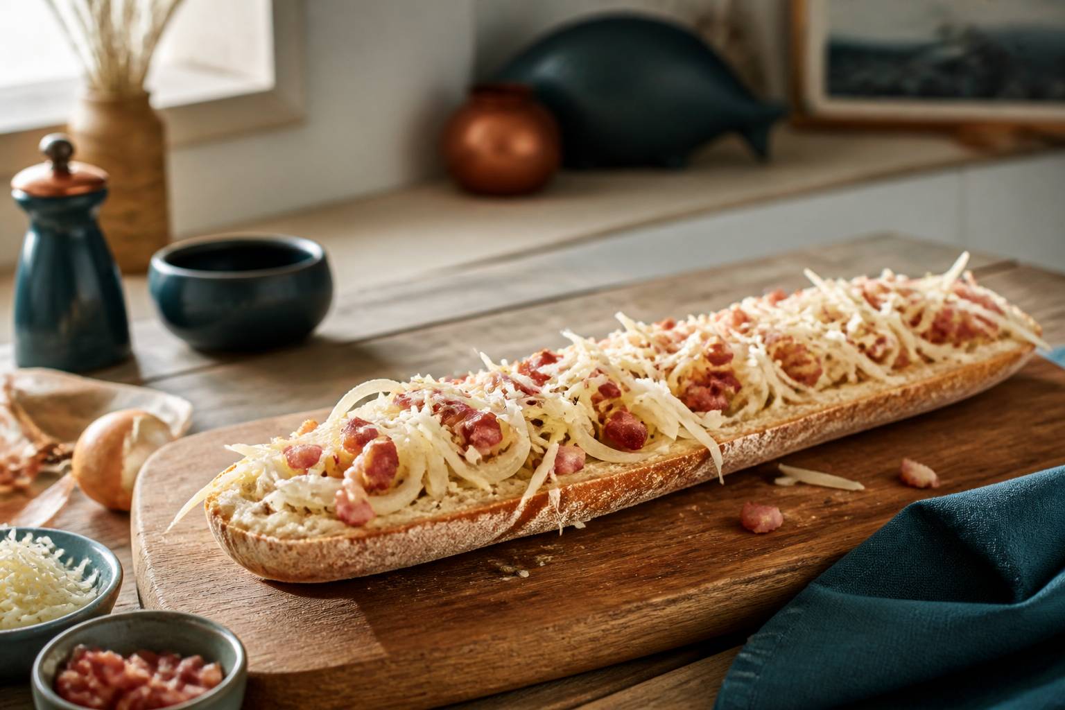 Préparation d'une baguette gratinée avec des oignons émincés, des lardons et du fromage râpé