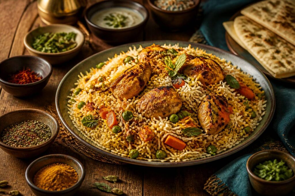 Biryani au poulet et légumes servi dans un grand plat coloré