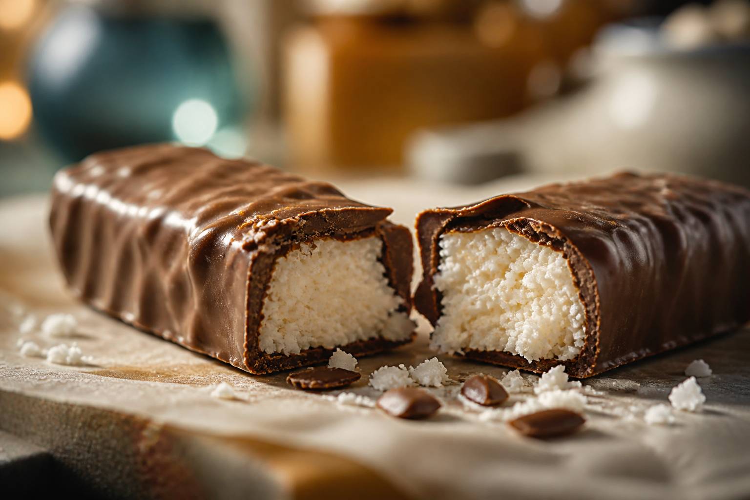 Barre chocolatée cassée laissant voir le cœur coco
