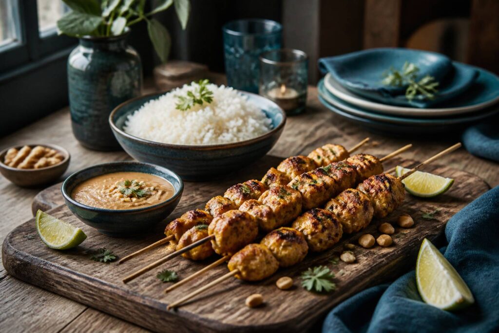 Brochettes de poulet satay grillées sur une planche avec sauce