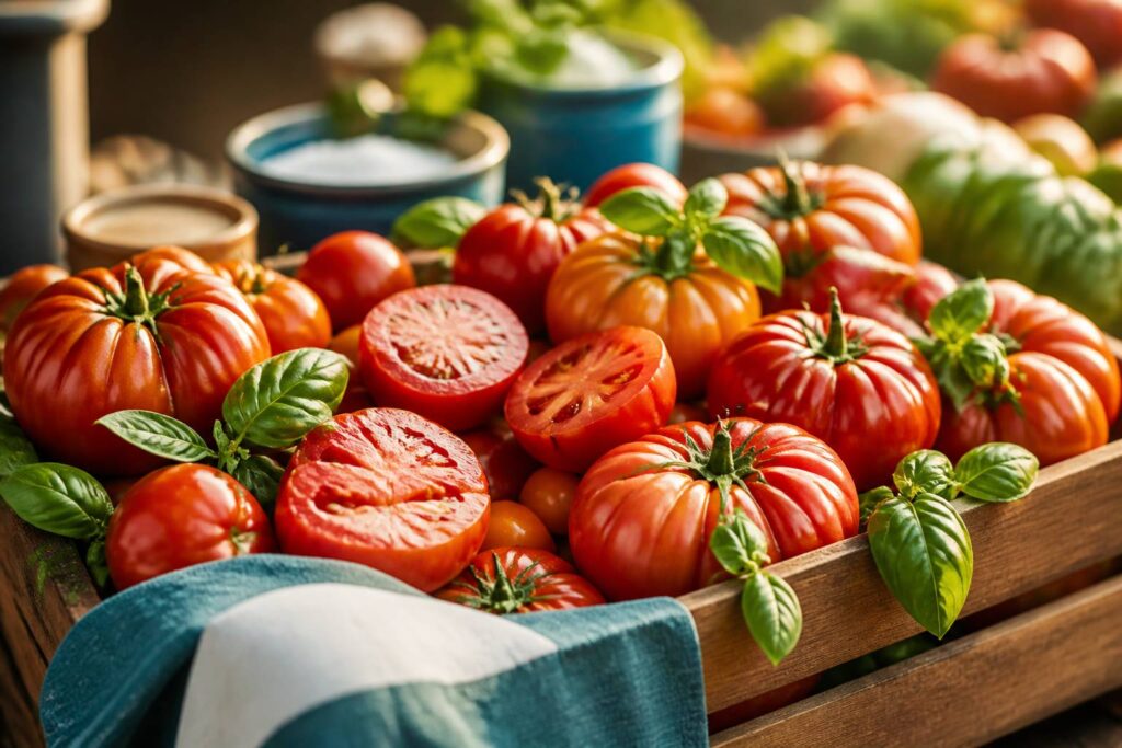 Cagette en bois débordante de tomates cœur-de-bœuf charnues aux formes irrégulières avec basilic frais