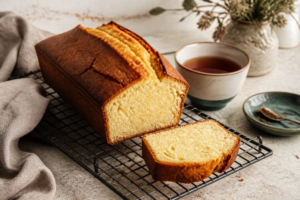 Cake nature doré avec une tranche à la mie moelleuse