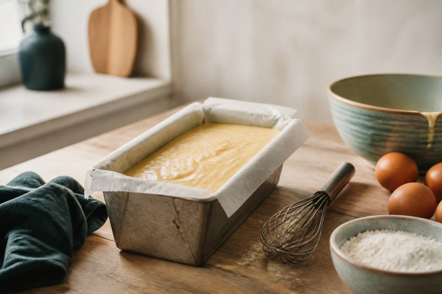 Pâte à cake versée dans un moule chemisé de papier cuisson