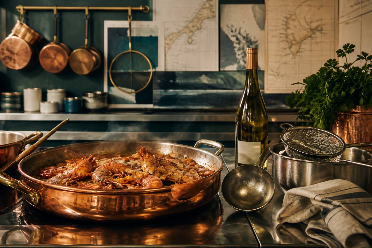 Carcasses de gambas rissolées dans une poêle en cuivre avec légumes