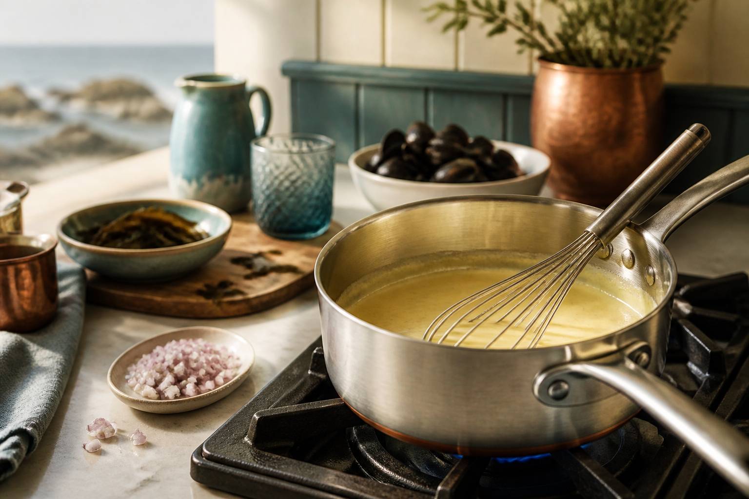 Émulsion de beurre blanc montée au fouet dans une casserole en inox