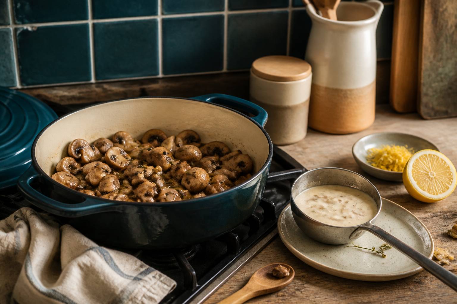 Champignons poêlés dans une cocotte en fonte avec une sauce