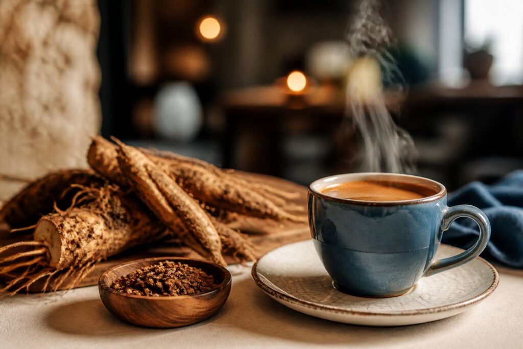 Tasse de chicorée fumante accompagnée de racines torréfiées