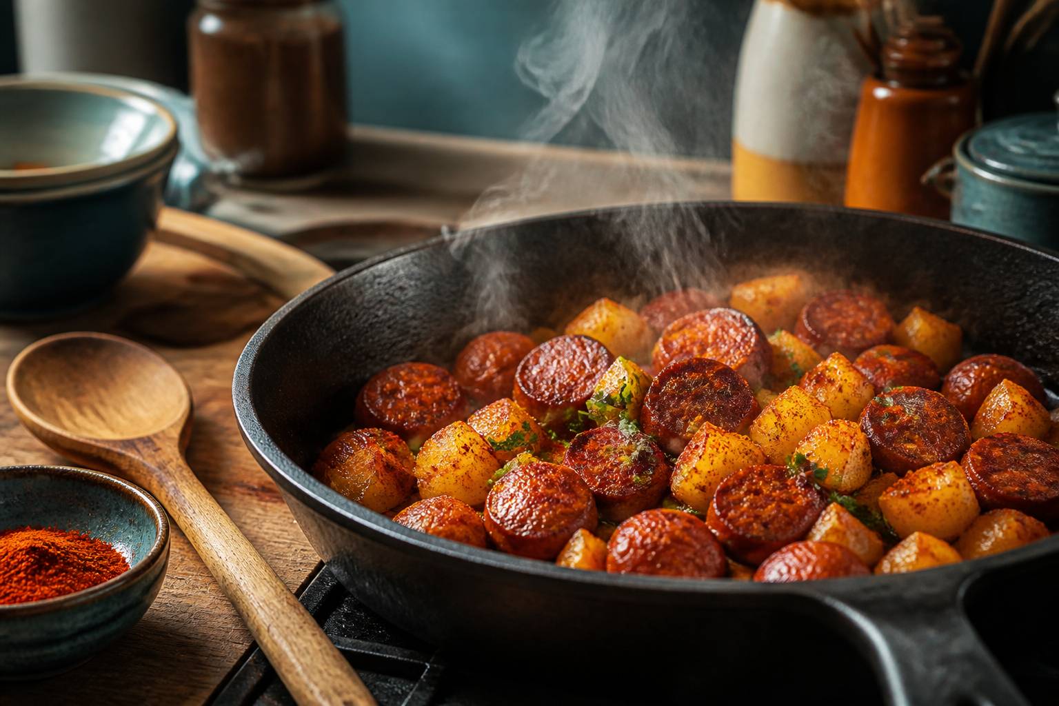Rondelles de chorizo saisies à la poêle avec pommes de terre et paprika