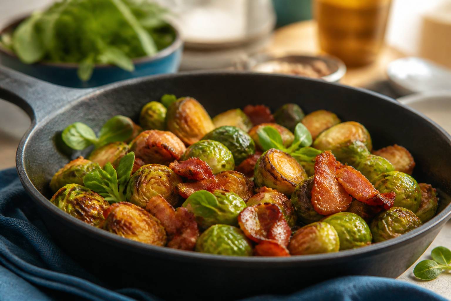 Choux de Bruxelles caramélisés avec lardons croustillants dans une poêle en fonte