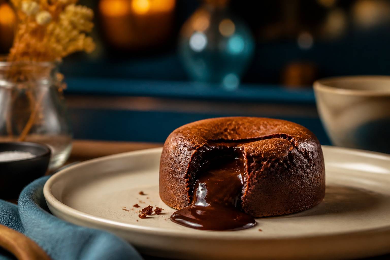 Cœur de chocolat coulant s'écoulant d'un fondant sur une assiette