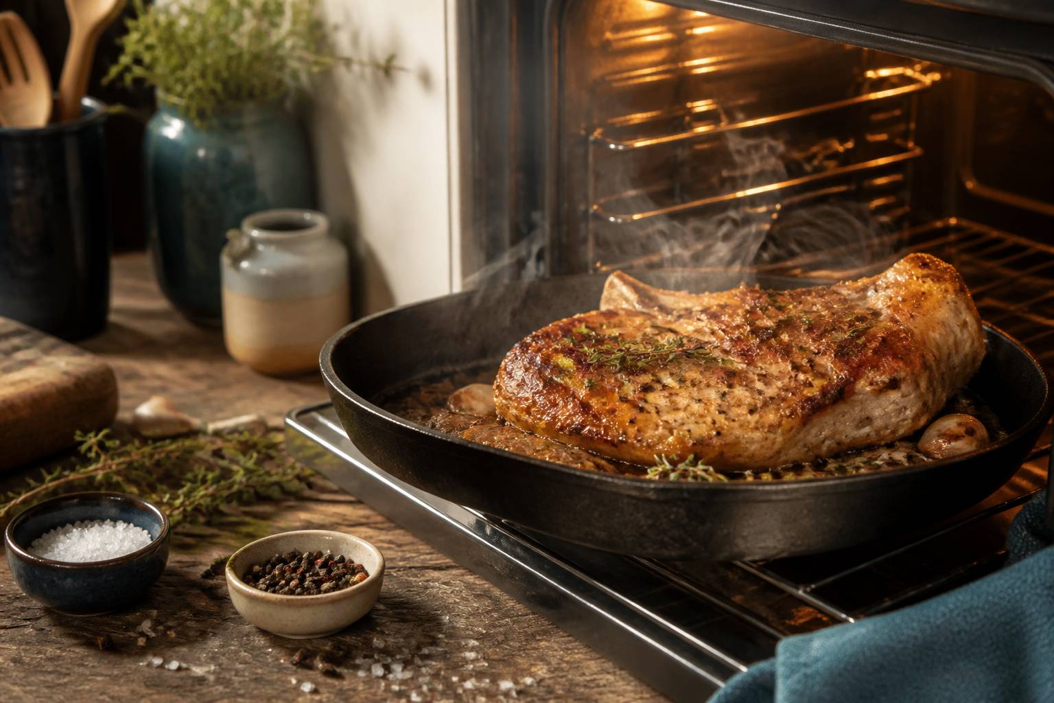 Côte de cochon en plat de fonte au four avec herbes et ail