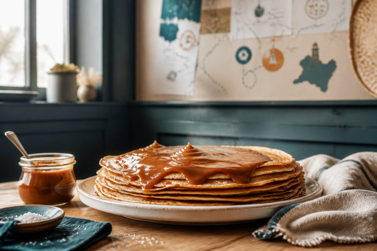 Pile de crêpes nappées de dulce de leche sur une assiette