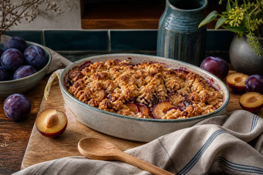 Crumble aux prunes doré dans un plat en céramique