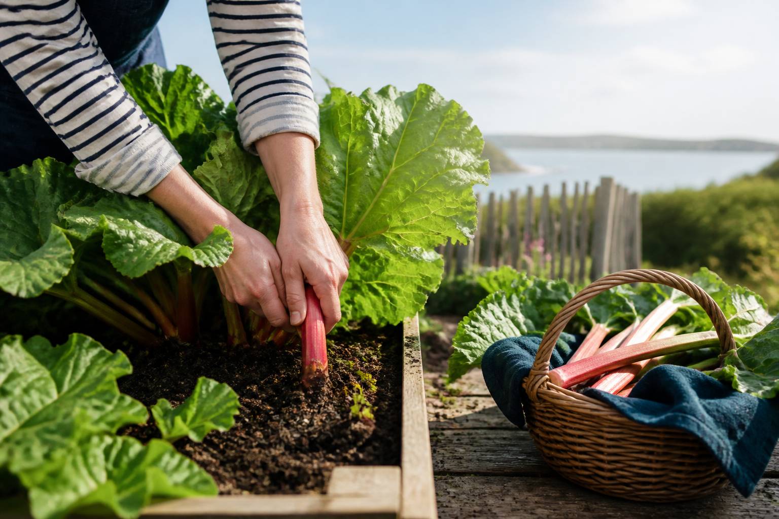 Mains tournant une tige de rhubarbe dans un carré potager