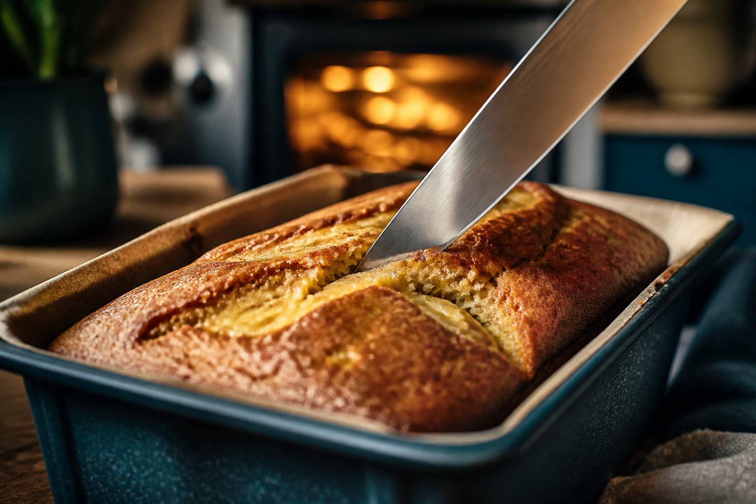 Lame incisant le dessus d'un cake à la banane en cuisson dans son moule