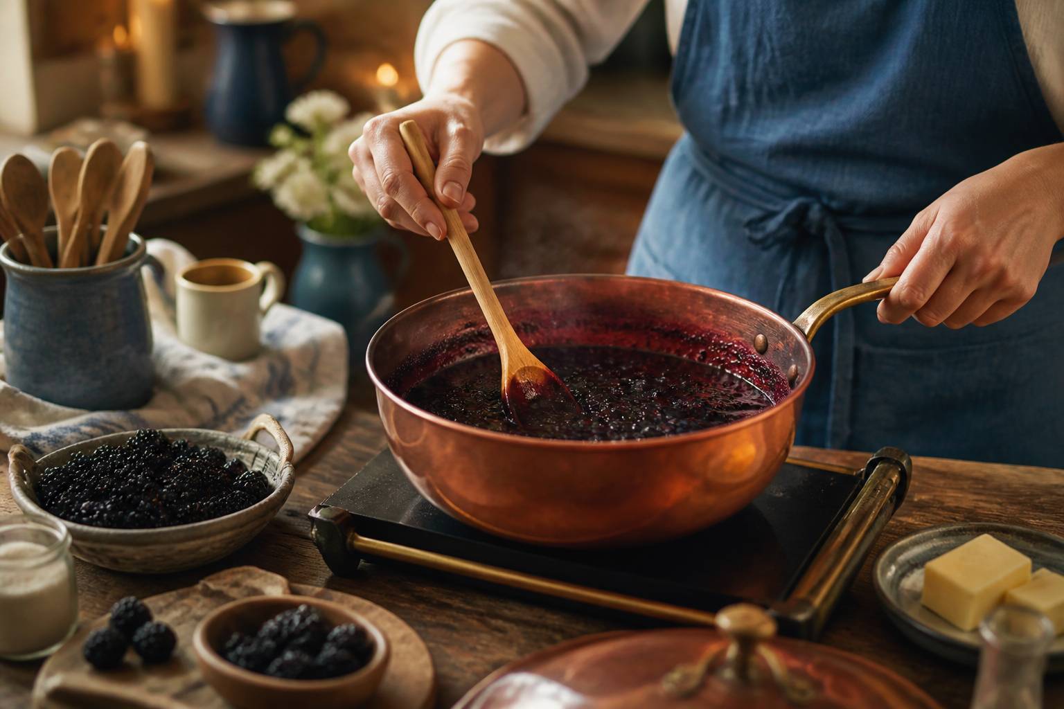 Mains remuant une confiture de mûres dans une casserole en cuivre