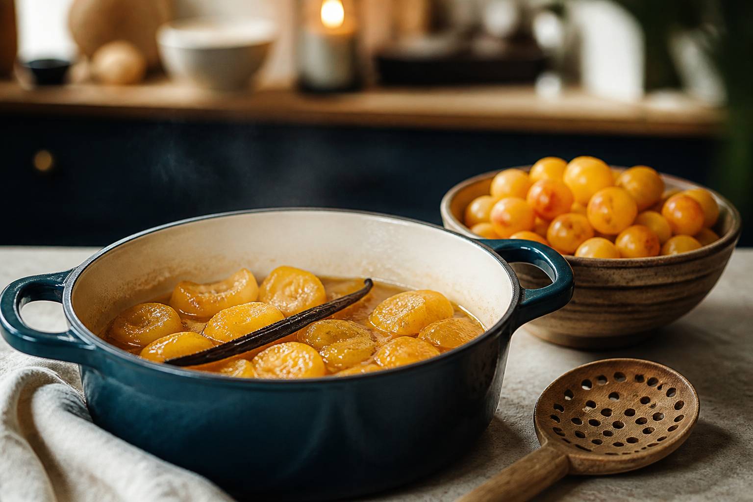 Mirabelles dénoyautées mijotant dans une casserole avec une gousse de vanille