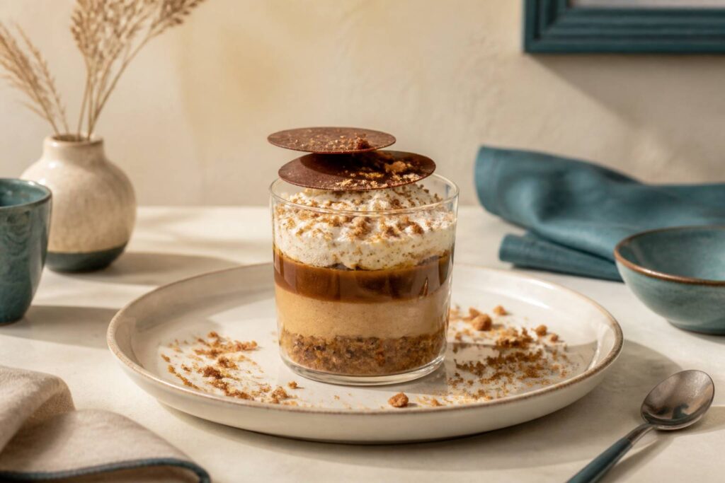 Dessert glacé au café avec disques de chocolat et spéculoos