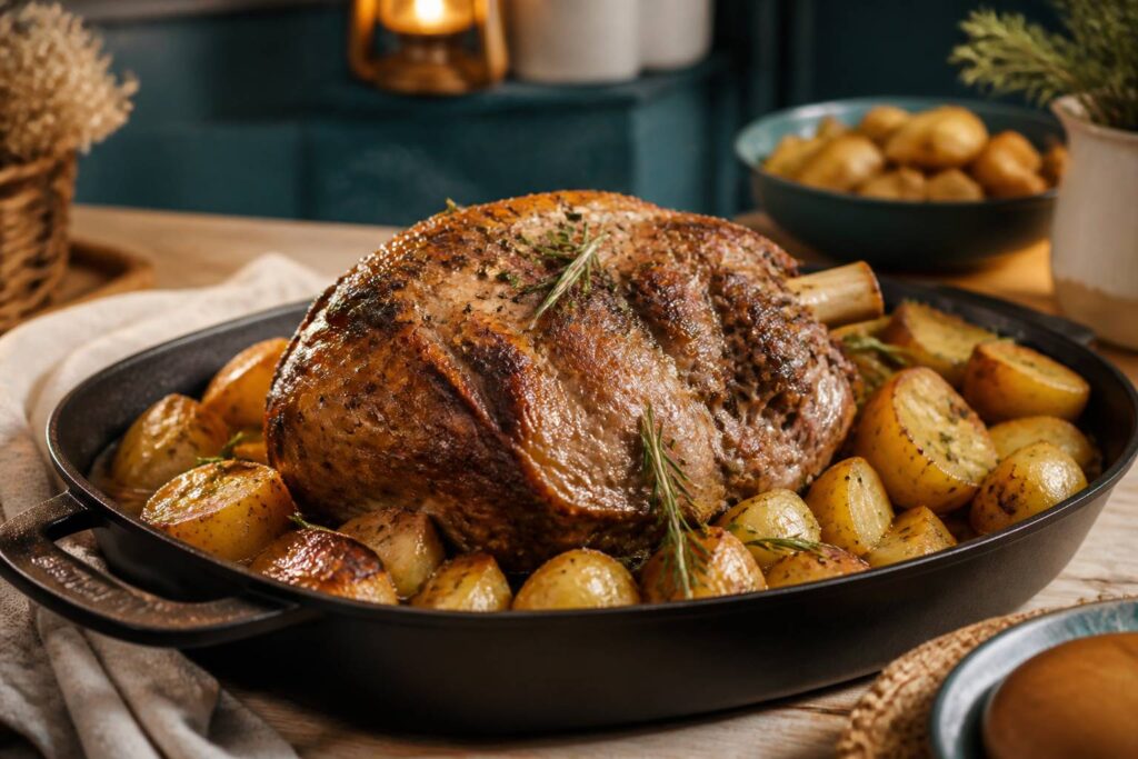 Épaule d'agneau rôtie entourée de pommes de terre dorées en plat en fonte