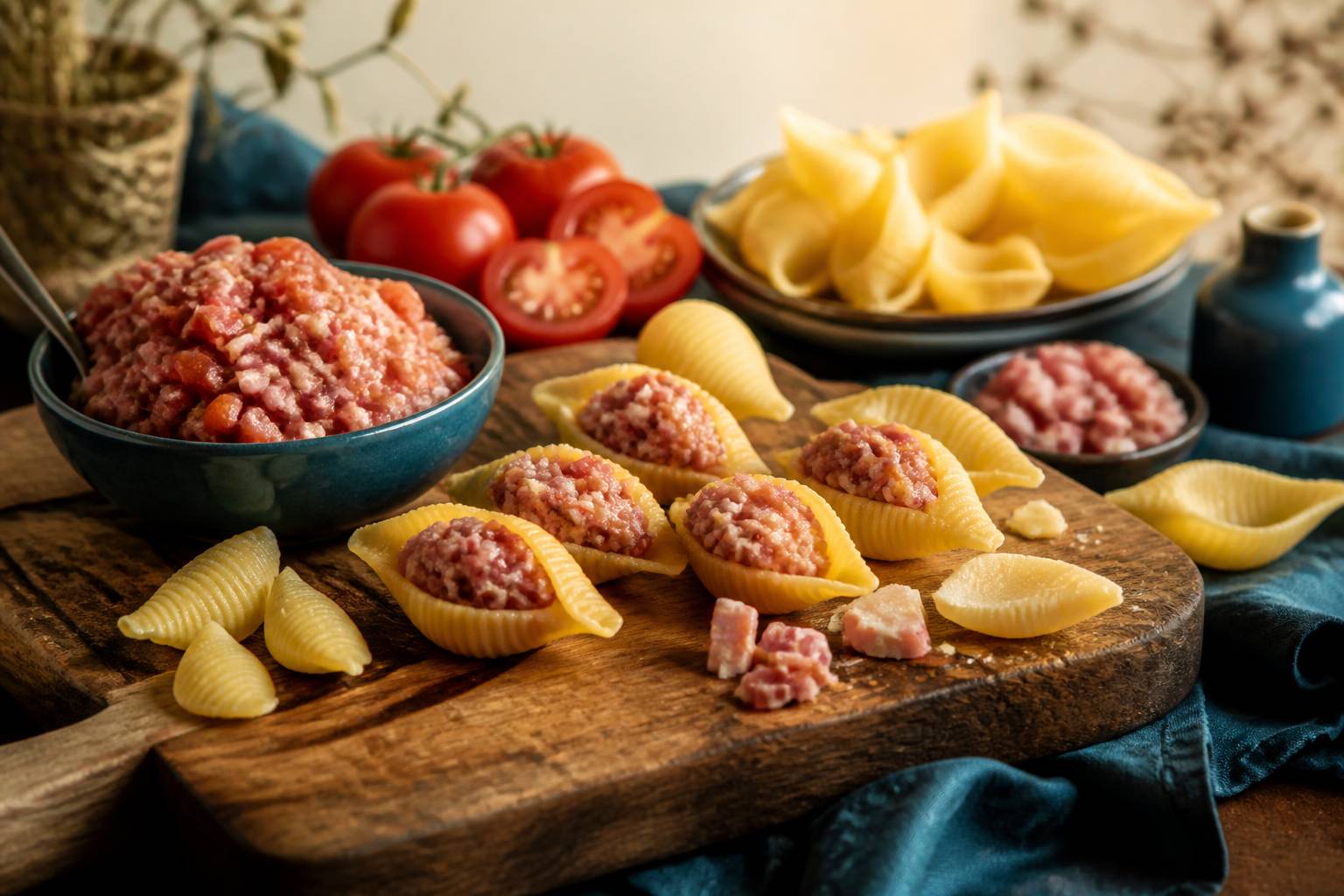 Ingrédients de la farce des conchiglioni avec coquilles crues et veau haché