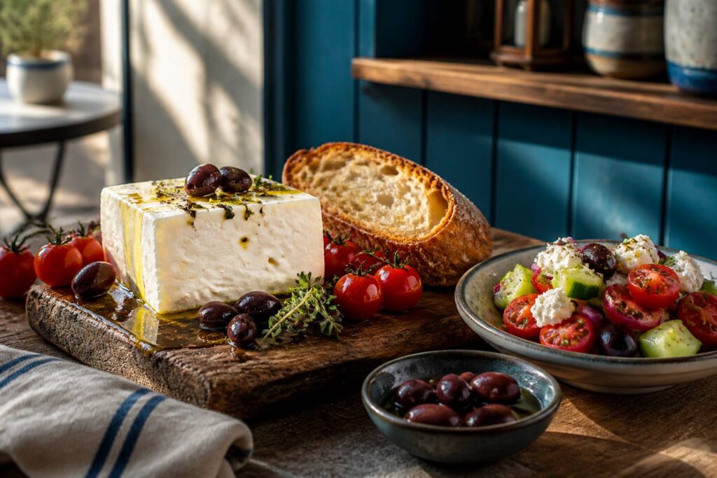 Bloc de feta crémeuse avec tomates cerises, olives et pain de campagne