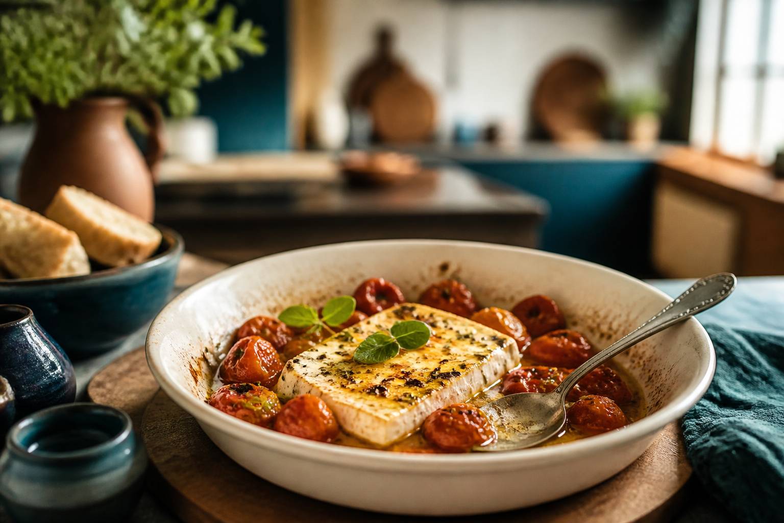Feta cuite au four avec tomates cerises rôties et herbes