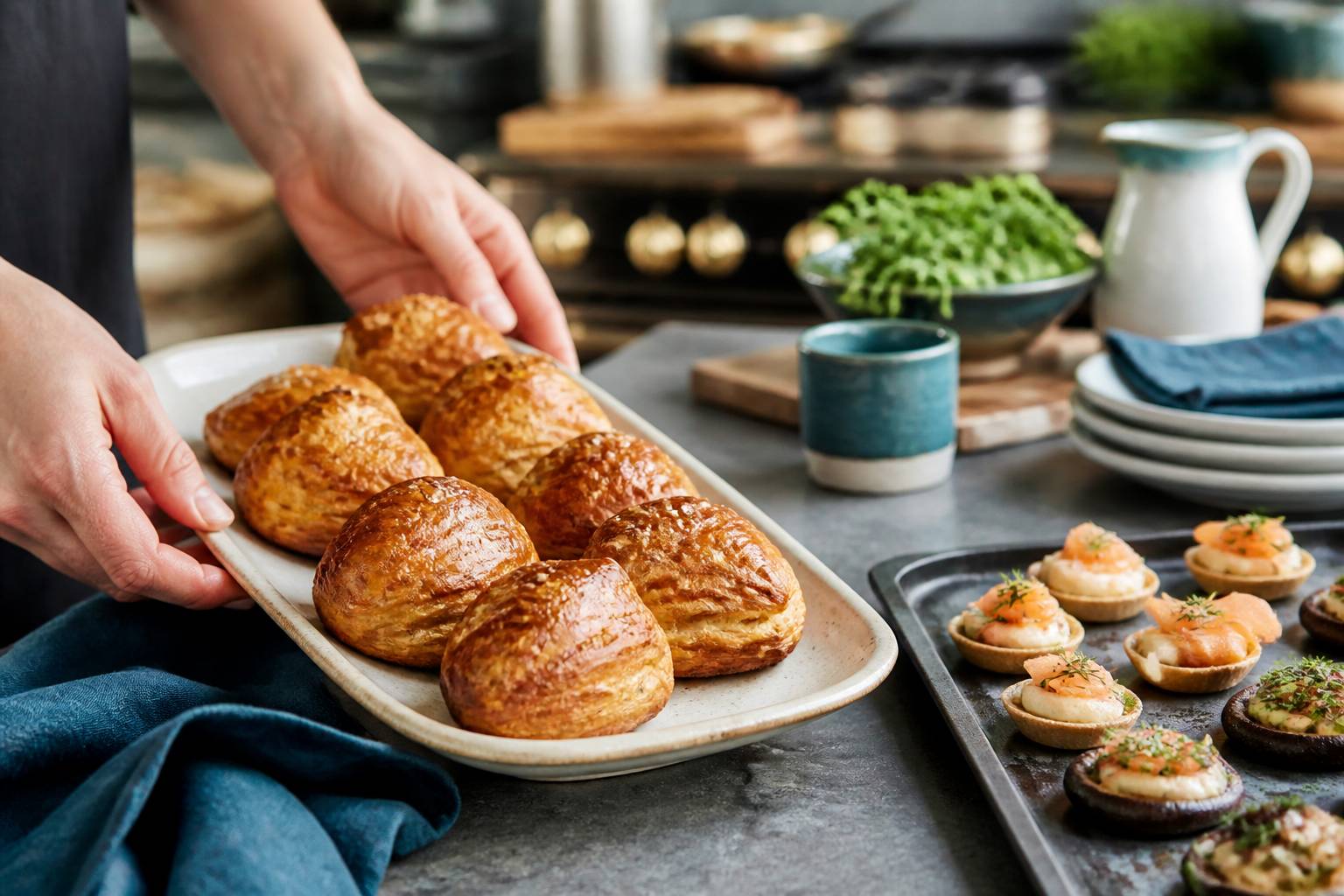 Mains disposant des feuilletés dorés sur un plat