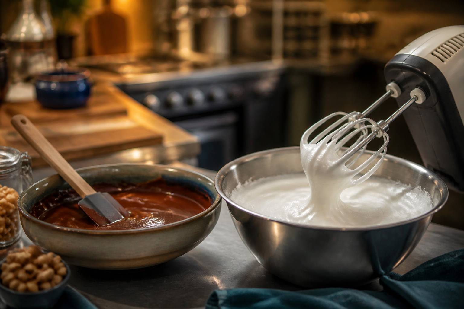 Batteur électrique fouettant une neige d'aquafaba ferme