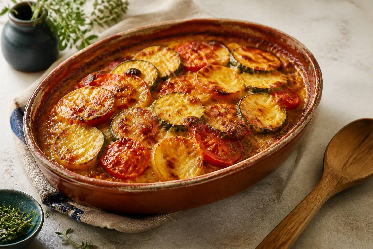 Gratin de légumes de saison dans un plat ovale en terre cuite avec courgettes, tomates et fromage gratiné