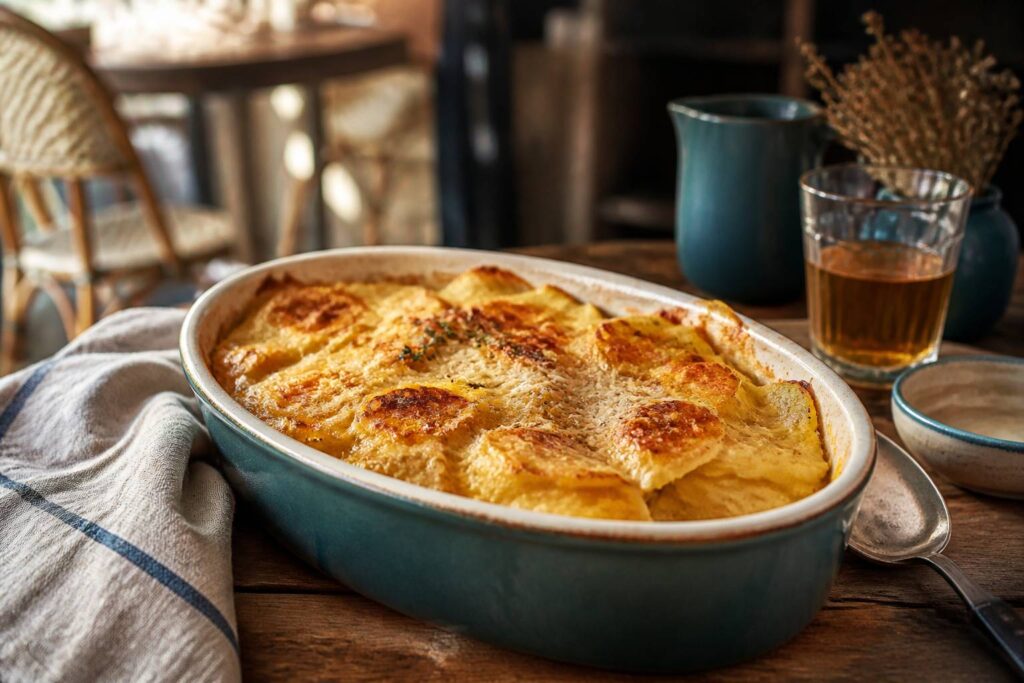 Gratin de pommes de terre à la croûte dorée dans un plat en céramique sur une table de bistrot en bois