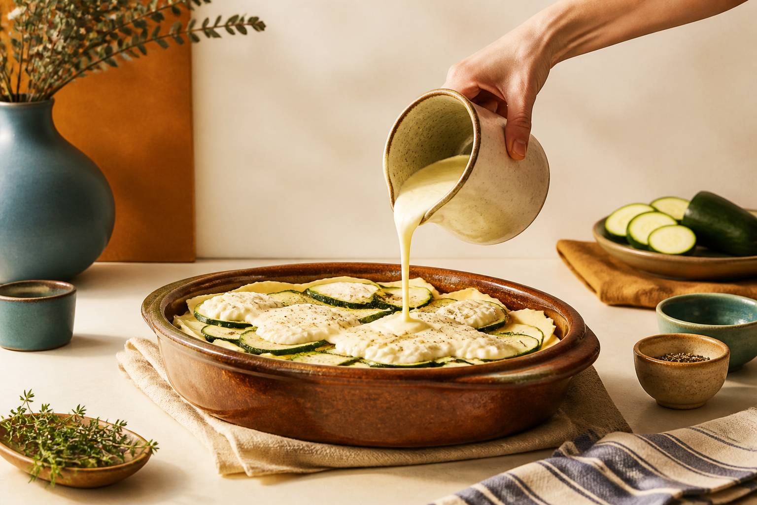Montage du gratin en couches avec une crème à la ricotta
