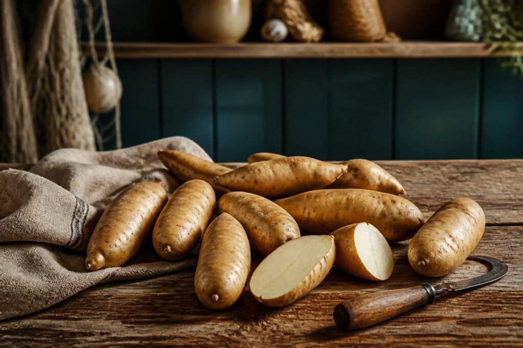 Tubercules d'héliantis entiers et coupés sur table en bois