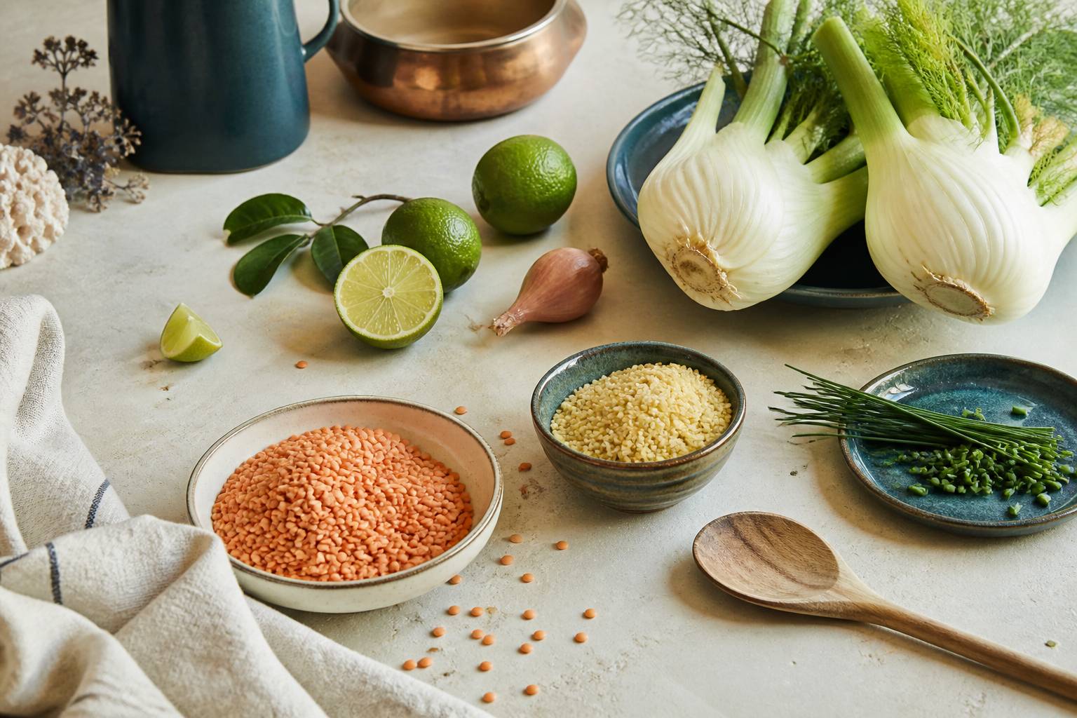 Ingrédients de la salade : lentilles corail, boulgour, fenouil et citron vert