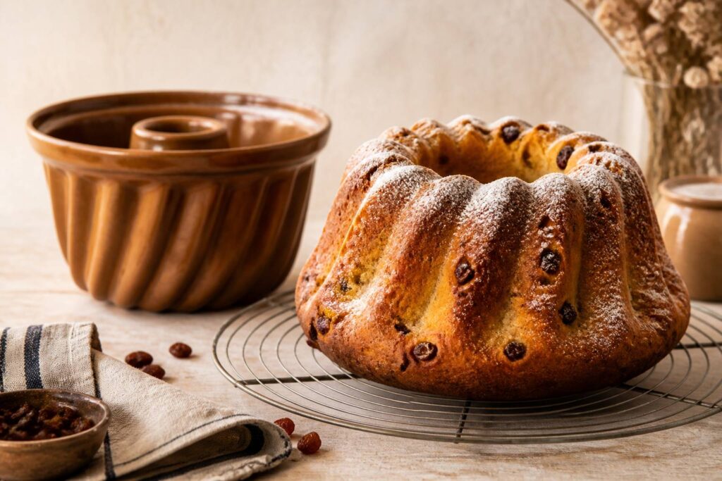Kougelhopf doré démoulé avec raisins secs sur une grille de pâtisserie