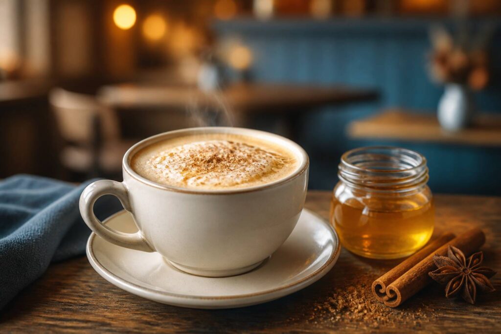 Latte au miel et aux épices avec mousse de lait dans une tasse en céramique