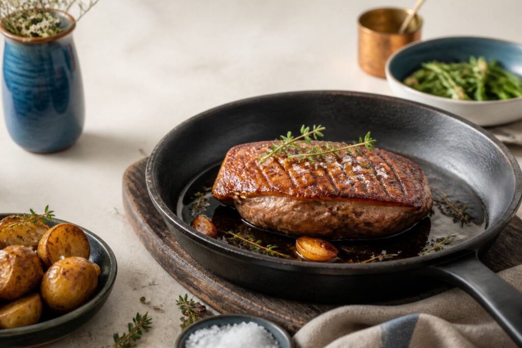 Magret de canard saisi aux croisillons dorés dans une poêle avec une sauce au miel et au thym