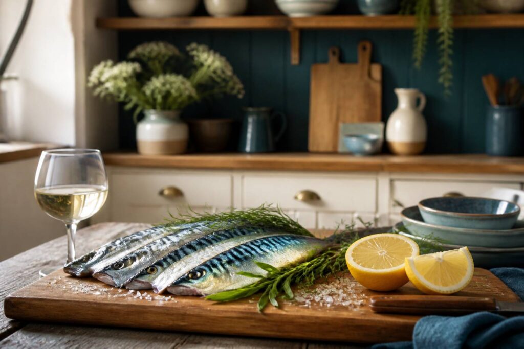 Filets de maquereau frais posés sur une planche avec citron et herbes