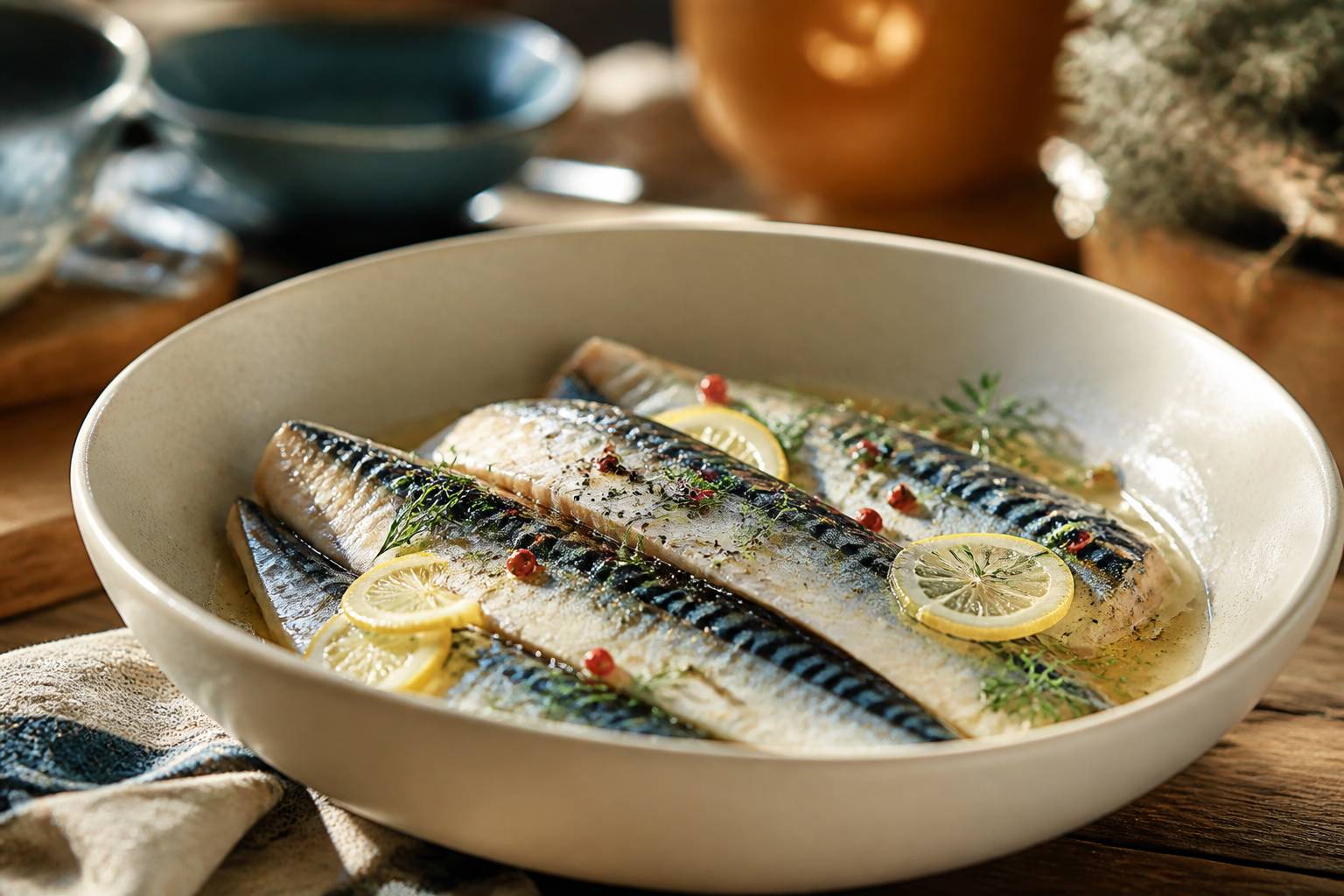 Filets de maquereau marinés dans un plat avec vin blanc et rondelles de citron