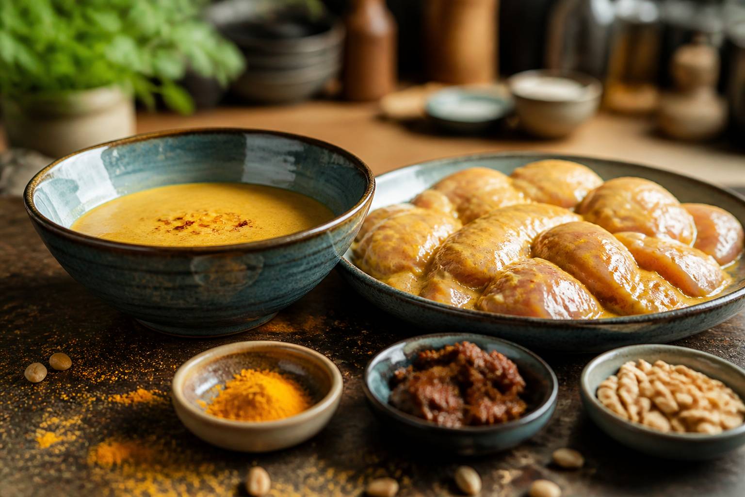 Bol de marinade satay au lait de coco avec épices et cacahuètes