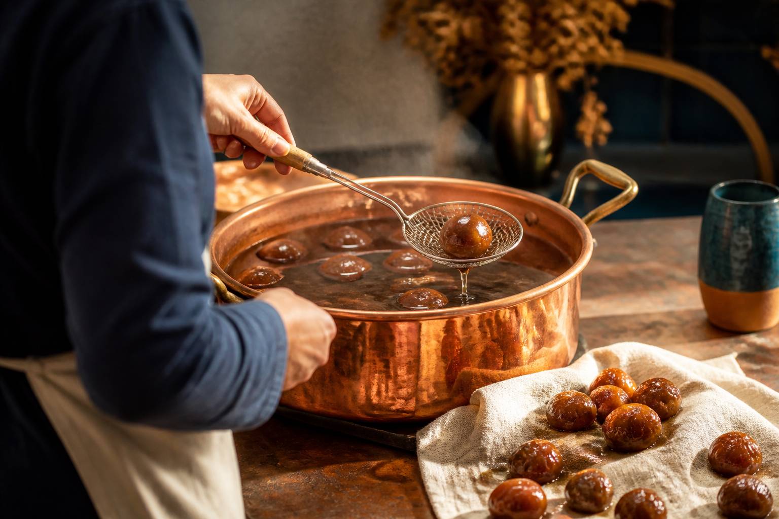 Artisan retournant un marron glacé dans un bain de sirop en cuivre