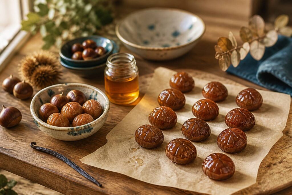 Marrons glacés brillants alignés sur papier cuisson avec gousse de vanille