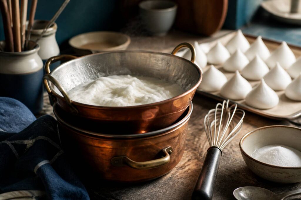 Blancs d'œufs montés en meringue dans un bol en cuivre au bain-marie